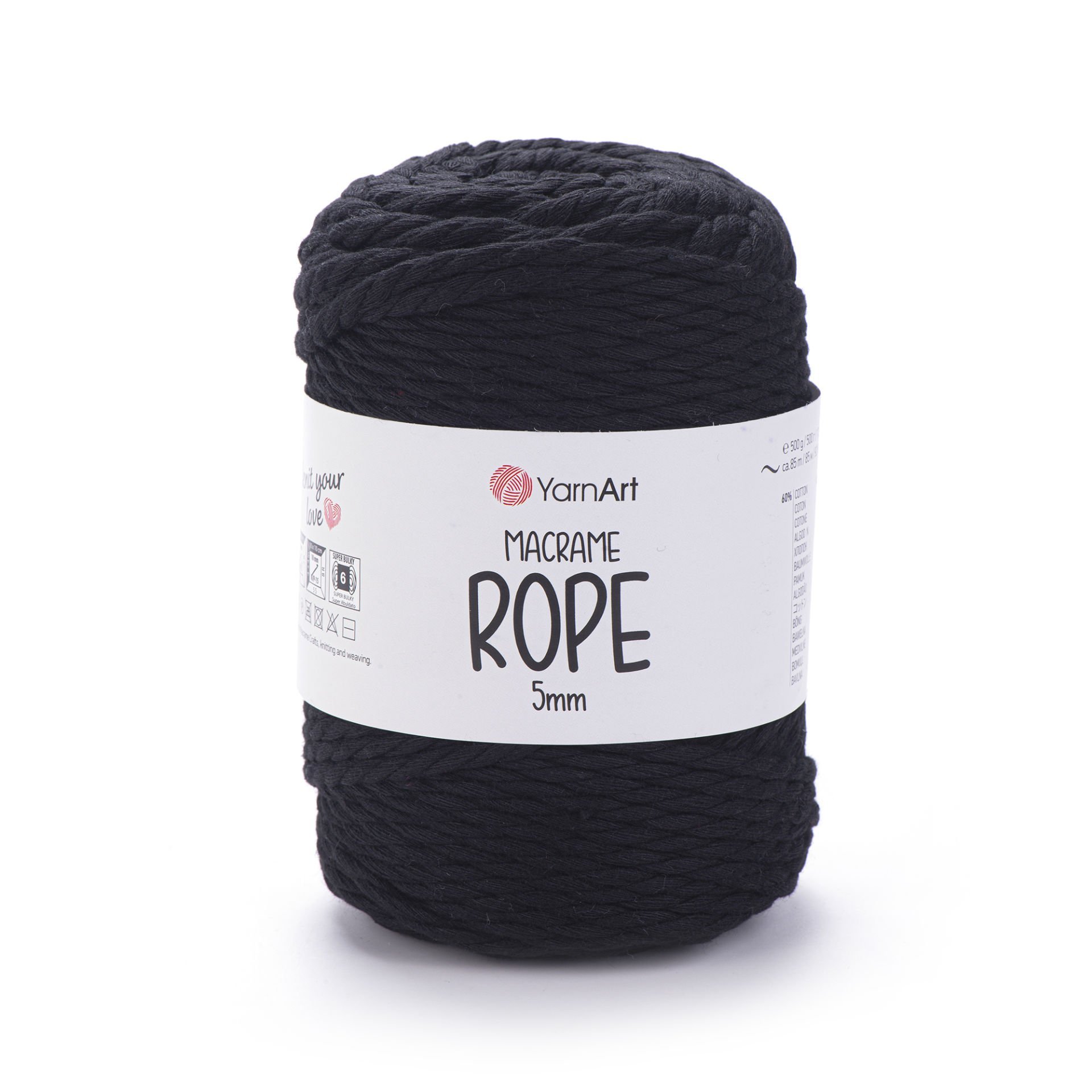 YARNART MACRAME ROPE 5 MM - MAKROME EL ÖRGÜ İPİ SİYAH - 750