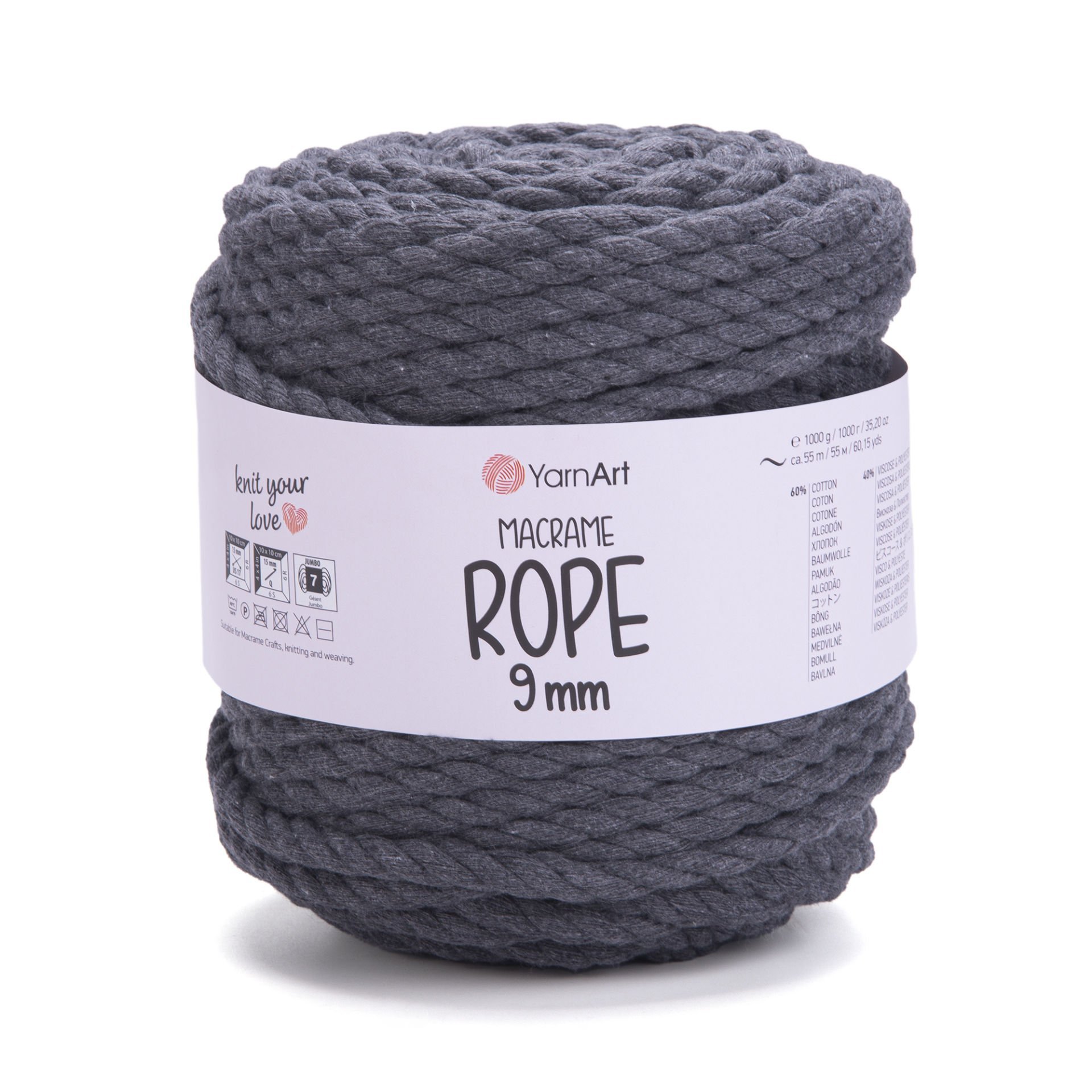 YARNART MACRAME ROPE 9MM - MAKROME EL ÖRGÜ İPİ KOYU GRİ - 758